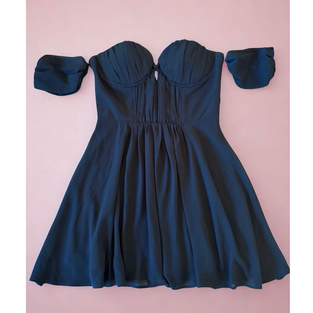 TOBI Black Off Shoulder Corset Mini Dress | Sweetheart Neck Draped Sleeve Size M